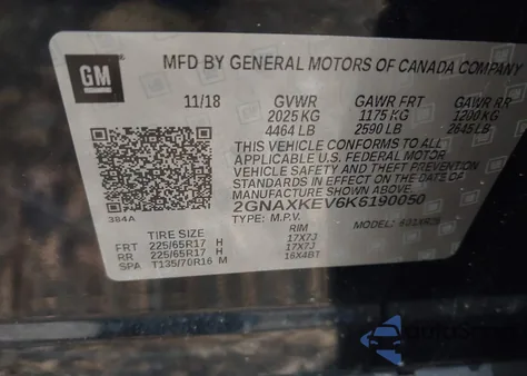 2019 Chevrolet Equinox Lt из США, поврежденный, VIN 2GNAXKEV6K6190050